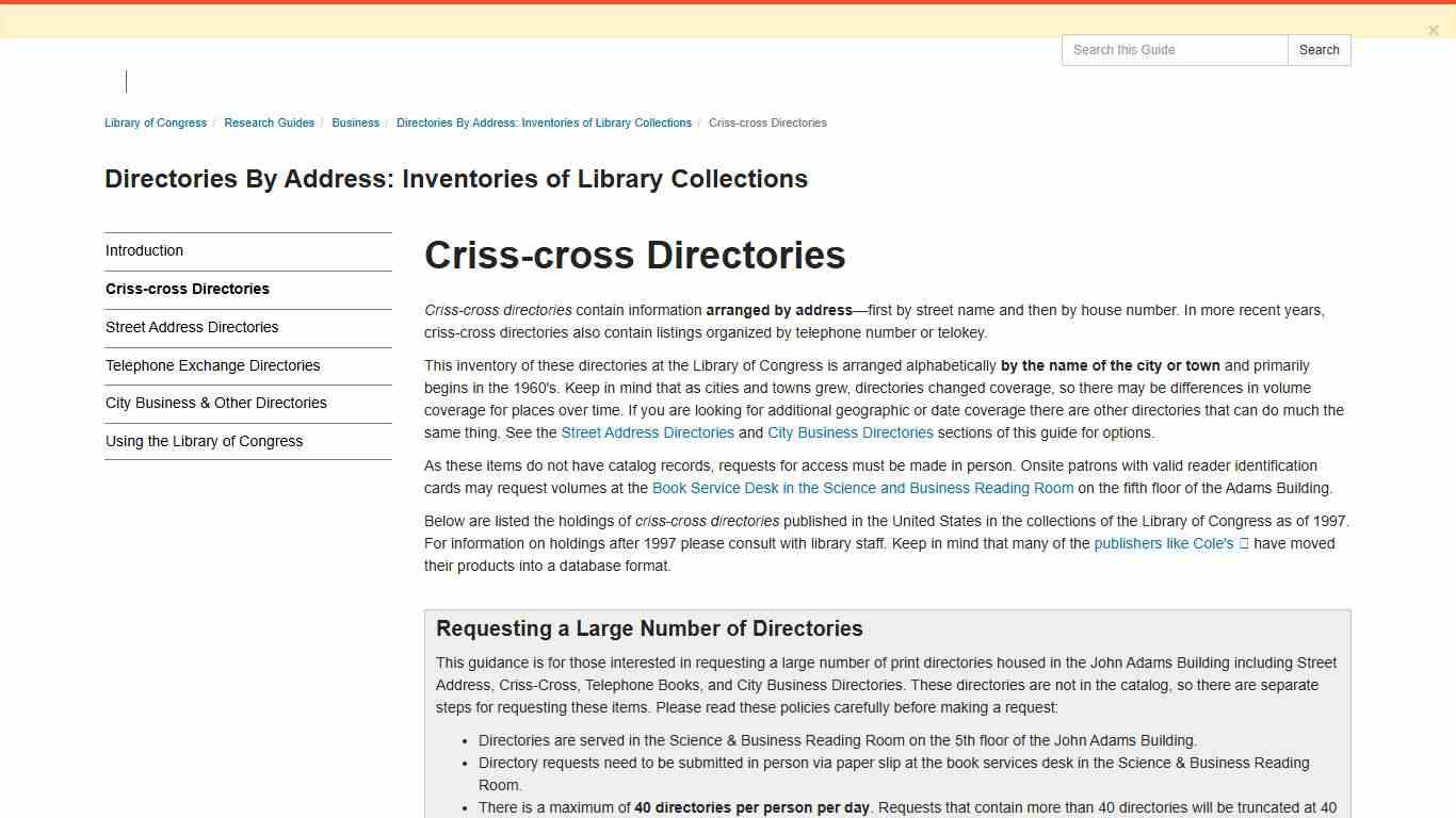 Criss-cross Directories - Directories By Address: Inventories of Library Collections - Research Guides at Library of Congress